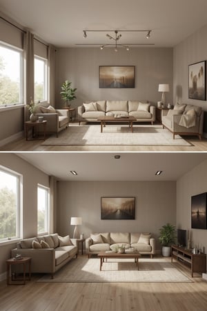 Interior design living room, Colors: Beige, and Brown, 3D rendered, masterpiece, beautiful, modern design, high ceiling, large shop, cozy atmosphere, realistic colors, detailed, widescreen, full picture, ultra-high definition, extremely detailed, photorealistic, high resolution interior design, extremely high detailed beautiful modern lighting,