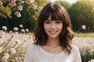 beautiful woman walking in blooming fields of flowers, beautiful spring summer scenic landscape, whole body, realistic perfect detailed face, chestnut brown hair wavy hair with bangs, luscious long hair, hazel eyes, reflective eyes, lovely smile, realistic skin, highly detailed skin texture, natural skin, cheerful backgroud, best quality, beautiful lighting, dramatic lighting, extremely detailed, bokeh