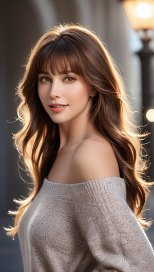 portrait of beautiful woman, realistic perfect detailed face, chestnut brown hair wavy hair with bangs, luscious long hair, reflective hazel eyes, , lovely smile, highly detailed realistic natural skin, absolute reality, high fashion, stunning realistic photograph, best quality, high quality, beautiful lighting, dramatic lighting, extremely detailed