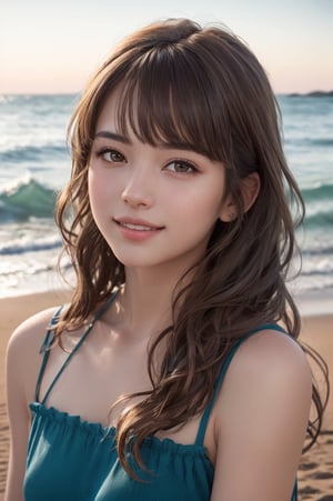 portrait of beautiful 21 year old woman alive, realistic perfect detailed face, chestnut brown hair wavy hair with bangs, luscious long hair, hazel eyes, reflective eyes, lovely smile, realistic skin, highly detailed skin texture, natural skin, gentle soul, lovely, hospitable, conservative, thoughtful, modest, humble, good, kind, stunning realistic photograph, beautiful sea shoreline background, the water is seen to be slowly running low on the shore, small waves are also observed crashing on the shoreline. the surface of the sea is seen to appear blue in color, best quality, beautiful lighting, dramatic lighting, extremely detailed, bokeh