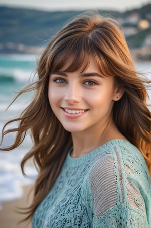 portrait of beautiful 21 year old woman alive, realistic perfect detailed face, chestnut brown hair wavy hair with bangs, luscious long hair, hazel eyes, reflective eyes, lovely smile, realistic skin, highly detailed skin texture, natural skin, gentle soul, lovely, hospitable, conservative, thoughtful, modest, humble, good, kind, stunning realistic photograph, beautiful sea shoreline background, the water is seen to be slowly running low on the shore, small waves are also observed crashing on the shoreline. the surface of the sea is seen to appear blue in color, best quality, beautiful lighting, dramatic lighting, extremely detailed, bokeh