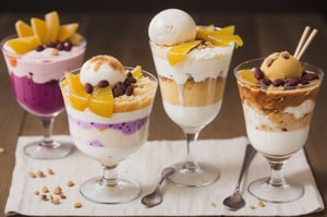 Filipino Halo-halo desserts with sweetened beans, fruits, milk, and ice cream