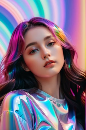 portrait, 1 girl, solo, long wavy hair, flowing rainbow colored holographic background, holographic, iridescent, vaporwave, fluid, lying from the front point pose, high fahion, realistic