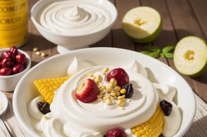 Filipino fruit salad with canned fruit cocktail, shredded young coconut, nata de coco, kaong, whole corn kernels, raisins and cheese, bathed in a deliciously sweet and creamy dressing made of all purpose cream and condensed milk.
