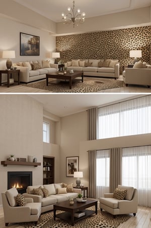 Interior design living room, Colors: Brown, and Cream, cushions in the cheetah print, 3D rendered, masterpiece, beautiful, modern design, high ceiling, large shop, cozy atmosphere, realistic colors, detailed, widescreen, full picture, ultra-high definition, extremely detailed, photorealistic, high resolution interior design, extremely high detailed beautiful modern lighting,