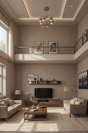 Interior design living room, Colors: Beige, and Brown, 3D rendered, masterpiece, beautiful, modern design, high ceiling, large shop, cozy atmosphere, realistic colors, detailed, widescreen, full picture, ultra-high definition, extremely detailed, photorealistic, high resolution interior design, extremely high detailed beautiful modern lighting,