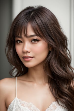 Portrait of beautiful Filipina woman, Conservative, Stunning realistic photograph, realistic perfect detailed face, chestnut brown hair wavy hair with bangs, luscious long hair, hazel eyes, reflective eyes, lovely smile, realistic skin, highly detailed skin texture, natural skin, gentle soul, lovely, hospitable, conservative, thoughtful, modest, humble, good, kind, stunning realistic photograph, high fashion, 8k Instagram post of the beautiful fashion model in the world, best quality, beautiful lighting, dramatic lighting, extremely detailed, bokeh