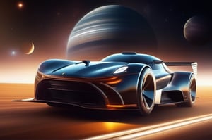 Sports racing of futuristic high speed super cars in planetary rings in the solar system, turbo cars, car racing, car speeding, surrounded with universe filled with solar system, galaxy, and stars, dramatic lighting, highly detailed, photo realistic, hyper realistic,