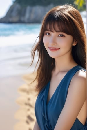 portrait of beautiful 21 year old woman alive, realistic perfect detailed face, chestnut brown hair wavy hair with bangs, luscious long hair, hazel eyes, reflective eyes, lovely smile, realistic skin, highly detailed skin texture, natural skin, gentle soul, lovely, hospitable, conservative, thoughtful, modest, humble, good, kind, stunning realistic photograph, beautiful sea shoreline background, the water is seen to be slowly running low on the shore, small waves are also observed crashing on the shoreline. the surface of the sea is seen to appear blue in color, best quality, beautiful lighting, dramatic lighting, extremely detailed, bokeh