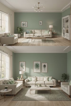 Interior design living room, Colors: light green , and Cream,  3D rendered, masterpiece, beautiful, modern design, high ceiling, large shop, cozy atmosphere, realistic colors, detailed, widescreen, full picture, ultra-high definition, extremely detailed, photorealistic, high resolution interior design, extremely high detailed beautiful modern lighting,