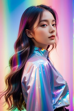 portrait, solo girl, shoulder up, head turn left, facing front, moving away from the camera pose, long wavy hair, sincere, flowing rainbow colored holographic background, holographic, iridescent, vaporwave, fluid, high fashion, realistic