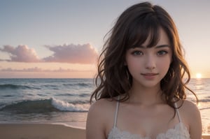 portrait of beautiful 21 year old woman alive, realistic perfect detailed face, chestnut brown hair wavy hair with bangs, luscious long hair, hazel eyes, reflective eyes, lovely smile, realistic skin, highly detailed skin texture, natural skin, gentle soul, lovely, hospitable, conservative, thoughtful, modest, humble, good, kind, stunning realistic photograph, panorama, beautiful sunset, beautiful sea shoreline background, the water is seen to be slowly running low on the shore, small waves are also observed crashing on the shoreline. the surface of the sea is seen to appear blue in color, best quality, beautiful lighting, dramatic lighting, extremely detailed, bokeh