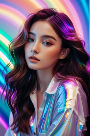 portrait, 1 girl, solo, long wavy hair, flowing rainbow colored holographic background, holographic, iridescent, vaporwave, fluid, lying from the front point pose, high fashion, realistic