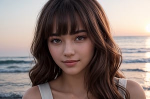 portrait of beautiful 21 year old woman alive, realistic perfect detailed face, chestnut brown hair wavy hair with bangs, luscious long hair, hazel eyes, reflective eyes, lovely smile, realistic skin, highly detailed skin texture, natural skin, gentle soul, lovely, hospitable, conservative, thoughtful, modest, humble, good, kind, stunning realistic photograph, panorama, beautiful sunset, beautiful sea shoreline background, the water is seen to be slowly running low on the shore, small waves are also observed crashing on the shoreline. the surface of the sea is seen to appear blue in color, best quality, beautiful lighting, dramatic lighting, extremely detailed, bokeh