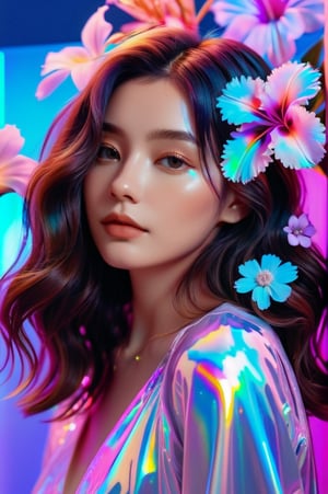 portrait, 1 girl, solo, medium wavy hair, flowing neon, colored holographic floral background, holographic, iridescent, vaporwave, fluid, flowers, realistic