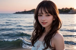 portrait of beautiful 21 year old woman alive, realistic perfect detailed face, chestnut brown hair wavy hair with bangs, luscious long hair, hazel eyes, reflective eyes, lovely smile, realistic skin, highly detailed skin texture, natural skin, gentle soul, lovely, hospitable, conservative, thoughtful, modest, humble, good, kind, stunning realistic photograph, panorama, beautiful sunset, beautiful sea shoreline background, the water is seen to be slowly running low on the shore, small waves are also observed crashing on the shoreline. the surface of the sea is seen to appear blue in color, best quality, beautiful lighting, dramatic lighting, extremely detailed, bokeh