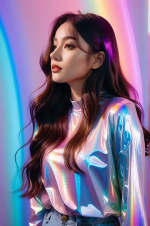 portrait, 1 girl, solo, long wavy hair, flowing rainbow colored holographic background, holographic, iridescent, vaporwave, fluid, standing without support pose in studio, realistic