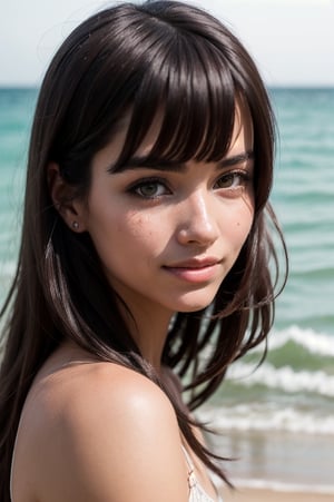 portrait of beautiful 21 year old woman alive, realistic perfect detailed face, chestnut brown hair wavy hair with bangs, luscious long hair, hazel eyes, reflective eyes, lovely smile, realistic skin, highly detailed skin texture, natural skin, gentle soul, lovely, hospitable, conservative, thoughtful, modest, humble, good, kind, stunning realistic photograph, beautiful sea shoreline background, the water is seen to be slowly running low on the shore, small waves are also observed crashing on the shoreline. the surface of the sea is seen to appear blue in color, best quality, beautiful lighting, dramatic lighting, extremely detailed, bokeh