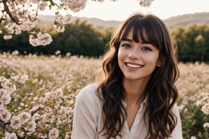 beautiful woman posing in blooming fields of flowers, beautiful spring summer scenic landscape, whole body, chestnut brown hair wavy hair with bangs, luscious long hair, hazel eyes, reflective eyes, lovely smile, realistic skin, highly detailed skin texture, natural skin, cheerful backgroud, best quality, beautiful lighting, dramatic lighting, extremely detailed, bokeh