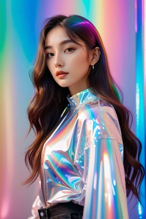 portrait, solo girl, facing front, viewer focus, with favorite things pose, long wavy hair, sincere, flowing rainbow colored holographic background, holographic, iridescent, vaporwave, fluid, high fashion, realistic