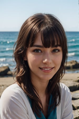 portrait of beautiful 21 year old woman alive, realistic perfect detailed face, chestnut brown hair wavy hair with bangs, luscious long hair, hazel eyes, reflective eyes, lovely smile, realistic skin, highly detailed skin texture, natural skin, gentle soul, lovely, hospitable, conservative, thoughtful, modest, humble, good, kind, stunning realistic photograph, beautiful sea shoreline background, the water is seen to be slowly running low on the shore, small waves are also observed crashing on the shoreline. the surface of the sea is seen to appear blue in color, best quality, beautiful lighting, dramatic lighting, extremely detailed, bokeh