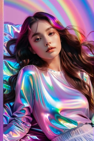 portrait, 1 girl, solo, long wavy hair, flowing rainbow colored holographic background, holographic, iridescent, vaporwave, fluid, lying from the front point pose, high fahion, realistic