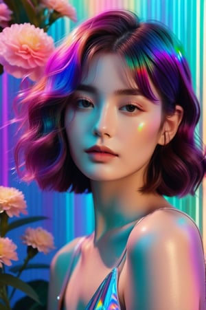 portrait, 1 girl, solo, short wavy hair, flowing rainbow colored holographic floral background, holographic, iridescent, neon, vaporwave, fluid, garden, realistic