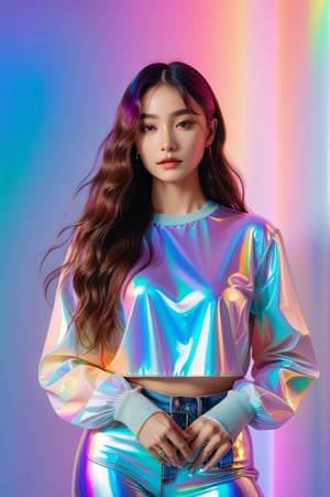 portrait, 1 girl, solo, long wavy hair, flowing rainbow colored holographic background, holographic, iridescent, vaporwave, fluid, standing without support pose in studio, high fahion, realistic