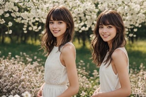 beautiful woman standing in blooming fields of flowers, beautiful spring summer scenic landscape, whole body, chestnut brown hair wavy hair with bangs, luscious long hair, hazel eyes, reflective eyes, lovely smile, realistic skin, highly detailed skin texture, natural skin, cheerful backgroud, best quality, beautiful lighting, dramatic lighting, extremely detailed, bokeh