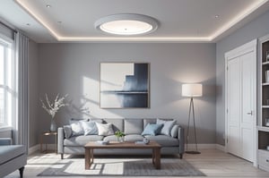 Interior design living room, Colors: White, Grey and Sky Blue, 3D rendered, masterpiece, beautiful, modern design, high ceiling, large shop, cozy atmosphere, realistic colors, detailed, widescreen, full picture, ultra-high definition, extremely detailed, photorealistic, high resolution interior design, extremely high detailed beautiful modern lighting,