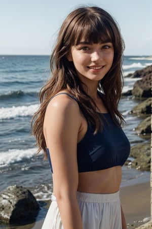 portrait of beautiful 21 year old woman alive, realistic perfect detailed face, chestnut brown hair wavy hair with bangs, luscious long hair, hazel eyes, reflective eyes, lovely smile, realistic skin, highly detailed skin texture, natural skin, gentle soul, lovely, hospitable, conservative, thoughtful, modest, humble, good, kind, stunning realistic photograph, beautiful sea shoreline background, the water is seen to be slowly running low on the shore, small waves are also observed crashing on the shoreline. the surface of the sea is seen to appear blue in color, best quality, beautiful lighting, dramatic lighting, extremely detailed, bokeh