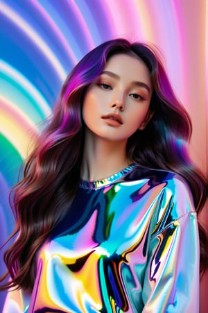 1 girl, solo, long wavy hair, flowing rainbow colored holographic background, holographic, iridescent, vaporwave, fluid, high fashion, realistic