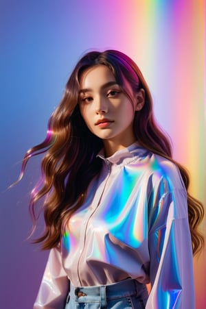 portrait, 1 girl, solo, long wavy hair, flowing rainbow colored holographic background, holographic, iridescent, vaporwave, fluid, standing without support pose in studio, realistic