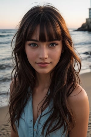 portrait of beautiful 21 year old woman alive, realistic perfect detailed face, chestnut brown hair wavy hair with bangs, luscious long hair, hazel eyes, reflective eyes, lovely smile, realistic skin, highly detailed skin texture, natural skin, gentle soul, lovely, hospitable, conservative, thoughtful, modest, humble, good, kind, stunning realistic photograph, beautiful sea shoreline background, the water is seen to be slowly running low on the shore, small waves are also observed crashing on the shoreline. the surface of the sea is seen to appear blue in color, best quality, beautiful lighting, dramatic lighting, extremely detailed, bokeh