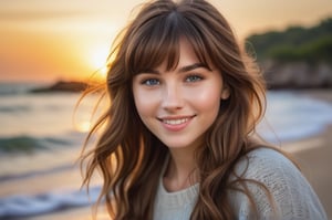 portrait of beautiful 21 year old woman alive, realistic perfect detailed face, chestnut brown hair wavy hair with bangs, luscious long hair, hazel eyes, reflective eyes, lovely smile, realistic skin, highly detailed skin texture, natural skin, gentle soul, lovely, hospitable, conservative, thoughtful, modest, humble, good, kind, stunning realistic photograph, panorama, beautiful sunset, beautiful sea shoreline background, the water is seen to be slowly running low on the shore, small waves are also observed crashing on the shoreline. the surface of the sea is seen to appear blue in color, best quality, beautiful lighting, dramatic lighting, extremely detailed, bokeh