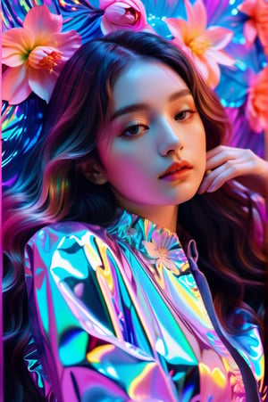 portrait, 1 girl, solo, long wavy hair, flowing neon, colored holographic floral background, holographic, iridescent, vaporwave, fluid, flowers, lying from the front point pose, high fashion, realistic