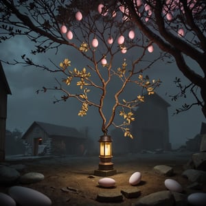 pink colored eggs with gold touches on the branches of the tree and more old oil lantern, in a stone barn watch, at night, in the dark, scary epic scene, photography, cinematic lighting, intricate lighting, extremely detailed, volumetric lighting, 8k, epic fantasy