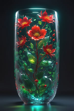 nature elements like flowers, leaves, animals, inside a glass, human body, subsurface scattering, transparent, glow, bloom, green and red liquid, volumetric light, 3d style,cyborg style,Movie Still,Leonardo Style