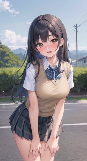 , ((masterpiece, best quality, extreme detailed, highly detailed:1.4)), (official art:1.2), kotegawa yui, , nice hands, perfect hands, , 1girl, ^^^, black hair, blue neckwear, blush, breasts, brown eyes, clothes pull, cowboy shot, green skirt, leaning forward, long hair, looking at viewer, medium breasts, miniskirt, nose blush, open mouth, plaid, plaid skirt, pleated skirt, sainan high school uniform, school uniform, skirt, skirt pull, solo, standing, sweater vest, outdoors, nostalgic view