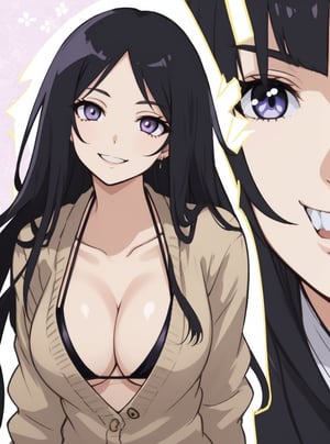 bright background, beautiful girl wearing  beige cardigan, WALKING at streets, sharp focus, big eyes, black hair, cleavage, elegant face, Artwork by TITE KUBO from BLEACH, digital illustration, chill pose, highly detailed art conceptual, soft, sharp focus, illustration, detailed FACE, detailed FACE on each character, detailed background, no word or signature, with bangs, light purple colored eyes, smiling expression, smaller boobs, long black hair, micro bikini
