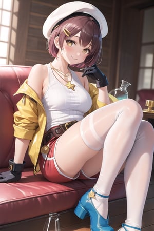 ryza,1girl, solo, jewelry, necklace, hat, thighhighs, smile, gloves, shorts, hairclip, sitting, thighs, blush, indoors, flask, breasts, boots, belt,yellow  jacket, couch, blurry, bangs, beret, hair ornament, red shorts, toeless footwear, looking at viewer, white headwear, short shorts, star necklace, star (symbol), short hair, brown gloves, single glove, round-bottom flask, closed mouth, sleeveless jacket, white thighhighs, toeless legwear
,solo,masterpiece,perfect anatomy , best quality,ultra-detailed,dynamic angle and lighting,cowboy shot,(realistic:1.4)