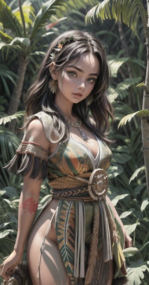 (masterpiece, best quality, high quality, highres, ultra-detail), solo, upper body, looking at viewer, detailed background, detailed face, (tribal polynesian theme) feral jungle warrior, 1woman, beautiful, Margot Robbie, orange tribal clothing, feathers, blood, protective stance, stone knife, bushes, rocks, leaves, vines, mysterious, village in the background, wildlife in the background, sunlight, cinematic atmosphere, cinematic.