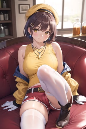 ryza,1girl, solo, jewelry, necklace, hat, thighhighs, smile, gloves, shorts, hairclip, sitting, thighs, blush, indoors, flask, breasts, boots, belt,yellow  jacket, couch, blurry, bangs, beret, hair ornament, red shorts, toeless footwear, looking at viewer, white headwear, short shorts, star necklace, star (symbol), short hair, brown gloves, single glove, round-bottom flask, closed mouth, sleeveless jacket, white thighhighs, toeless legwear
,solo,masterpiece,perfect anatomy , best quality,ultra-detailed,dynamic angle and lighting,cowboy shot,(realistic:1.4), very tight, camel toe 