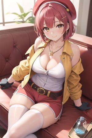 ryza,1girl, solo, jewelry, necklace, hat, thighhighs, smile, gloves, shorts, hairclip, sitting, thighs, blush, indoors, flask, breasts, boots, belt,yellow  jacket, couch, blurry, bangs, beret, hair ornament, red shorts, toeless footwear, looking at viewer, white headwear, short shorts, star necklace, star (symbol), short hair, brown gloves, single glove, round-bottom flask, closed mouth, sleeveless jacket, white thighhighs, toeless legwear
,solo,masterpiece,perfect anatomy , best quality,ultra-detailed,dynamic angle and lighting,cowboy shot,(realistic:1.4), very tight, camel toe, cleavage cutout