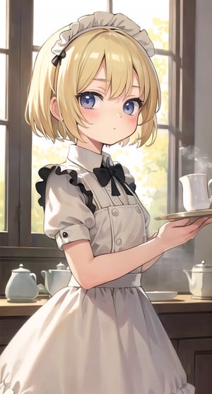 masterpiece,best quality,nostalgic,illustration,blonde hair,short hair,loli,maid,(make tea:0.7),working,upper body,