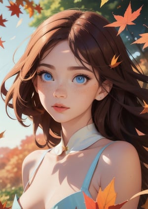 Goodbye summer, 

Masterpiece of fantasy and magical art, digital art fantasy,

Closeup autumn girl, ginger long messy hair, freckles, blue empathic eyes, double exposure, body of falling leaves, transparent and luminous, light, ethereal and floating leaves, colors of autumn,

Style as by Tom Cross,  Malgorzata Kmiec, Hiromu , Alberto Seveso
