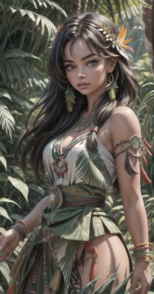(masterpiece, best quality, high quality, highres, ultra-detail), solo, upper body, looking at viewer, detailed background, detailed face, (tribal polynesian theme) feral jungle warrior, 1woman, beautiful, Margot Robbie, orange tribal clothing, feathers, blood, protective stance, stone knife, bushes, rocks, leaves, vines, mysterious, village in the background, wildlife in the background, sunlight, cinematic atmosphere, cinematic.