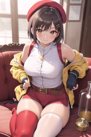 ryza,1girl, solo, jewelry, necklace, hat, thighhighs, smile, gloves, shorts, hairclip, sitting, thighs, blush, indoors, flask, breasts, boots, belt,yellow  jacket, couch, blurry, bangs, beret, hair ornament, red shorts, toeless footwear, looking at viewer, white headwear, short shorts, star necklace, star (symbol), short hair, brown gloves, single glove, round-bottom flask, closed mouth, sleeveless jacket, white thighhighs, toeless legwear
,solo,masterpiece,perfect anatomy , best quality,ultra-detailed,dynamic angle and lighting,cowboy shot,(realistic:1.4), very tight, camel toe 