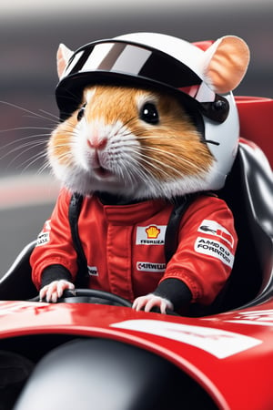 One Hamster with red amd black racing leathers, wearing open racing helmet, paws on steering wheels, driving Indy_Formula 1 vehicle formula 1 racer around asphalt race track, detailed open helmet with large racing goggles on face, detailed Ferrari racer, shiny, photorealistic white and black shiny fur,  racing gloves holding steering wheel, full body, racing helmet open for furry ears,  Formula 1 racer with sponsors livery Dragon on racer, detailed high speed asphalt road race track, spectators in stadium bleachers, hamsters driving other Formula 1 racers, checker flag waved by hamster official wet surfaces,  lightng, sparks from motion, blur of high speed accelerating ( masterpiece, best quality, ultra-detailed, best shadow), furry paws, beautiful sunny background, high_resolution, racer large for hamster driver in competition