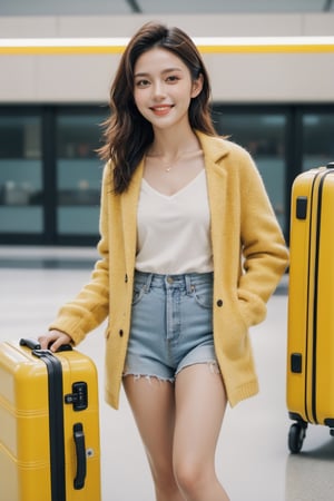 xxmix_girl, female portrait, smiling, Polaroid photograph, film effect, grainy texture, smile,real skin , cold, 3D style,standing next to the  yellow boarding luggage trolley. 3D toon style